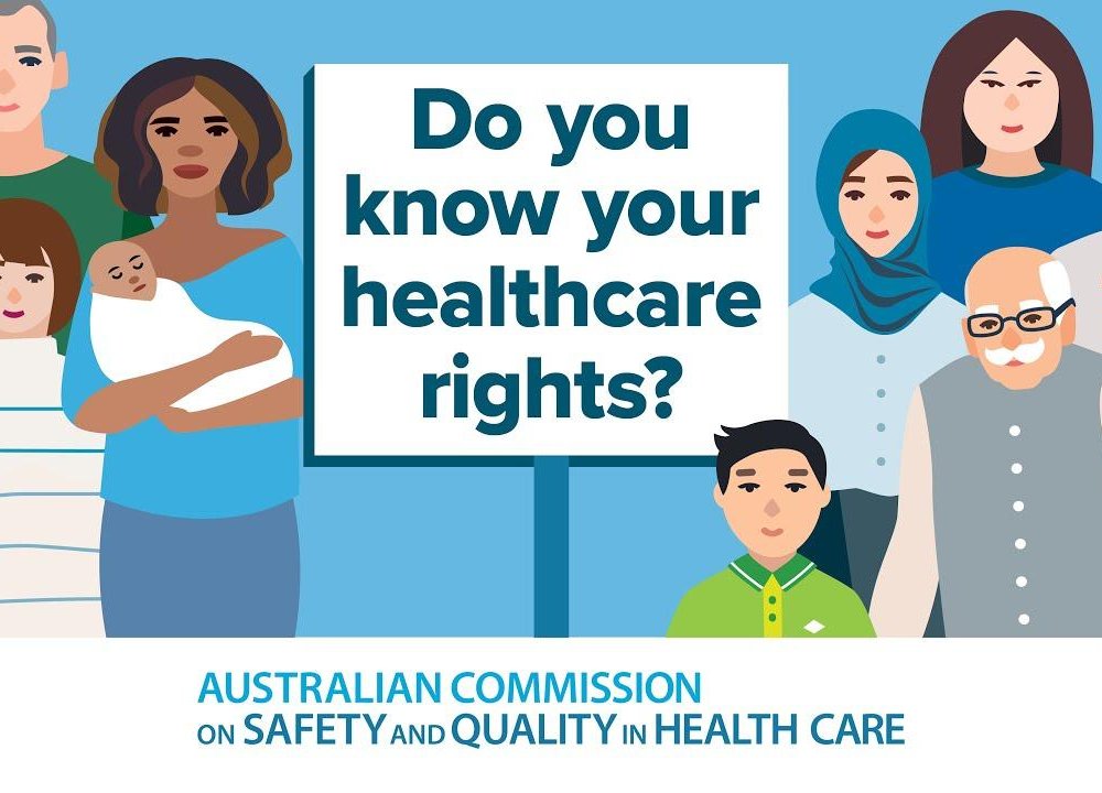 Illustration of a group of people with the sign 'do you know your healthcare rights'